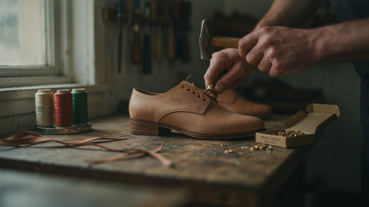Brass eyelet being hand-set into a leather shoe during footwear manufacturing