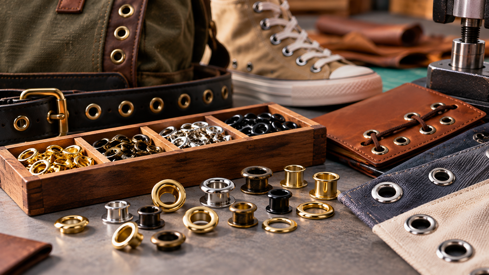 Types of metal eyelets in brass, nickel, antique and black finishes beside a leather belt, canvas bag and sneaker