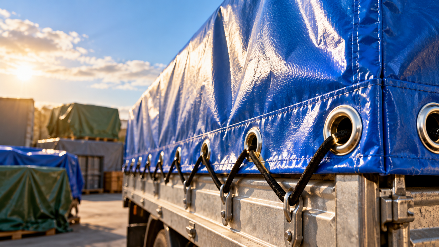 Tarpaulin eyelets with a bungee cord securing a blue heavy-duty truck cover along the edge of a flatbed